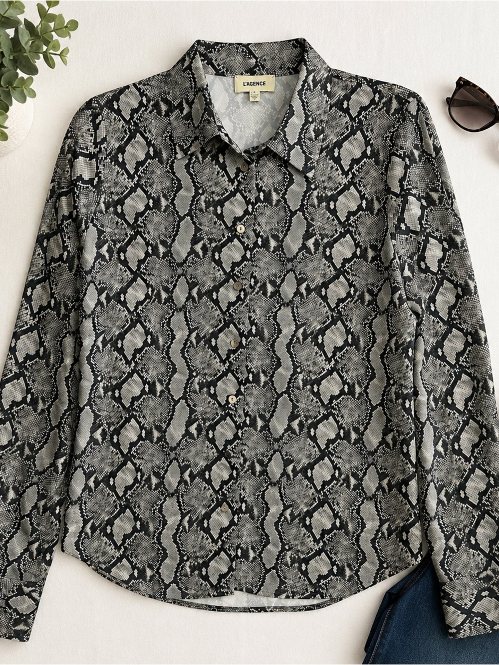L'AGENCE Black‎ & Gray Snake-Print Button Shirt